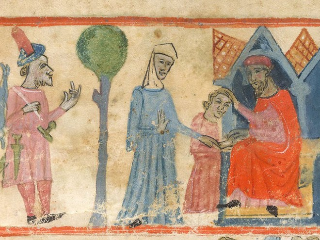 Image description: Isaac blesses Jacob as Esau returns from his hunt, an animal slung over his shoulder and daggers strung to his pink tunic. Rebecca stands next to a round tree between her two sons, wearing a light blue tunic and a beige head covering and extending a hand to help Isaac with the blessing. The image is painted on beige parchment.